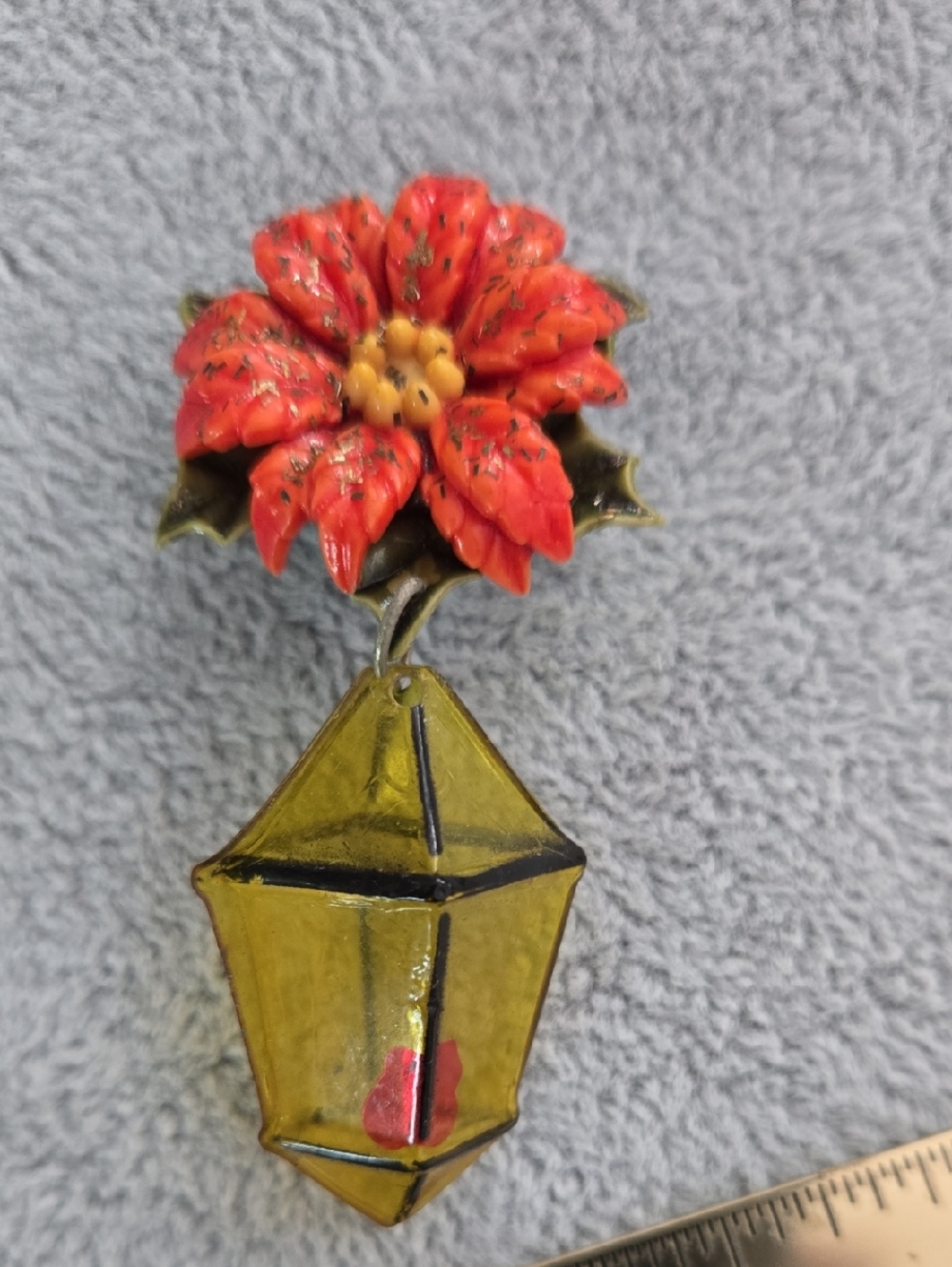Vintage Red Floral Celluloid Brooch with Olive Green Stem